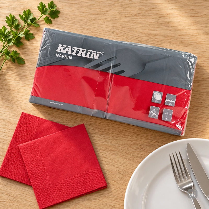Serwetki papierowe Katrin 25x25 cm 1/4, 3-warstwowe, czerwone, 250 szt.-a0a876fbfb92d172e593b9b17e56e6be